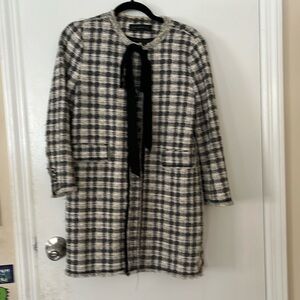 Good condition Zara navy and cream long tweed jacket with black crepe bow.